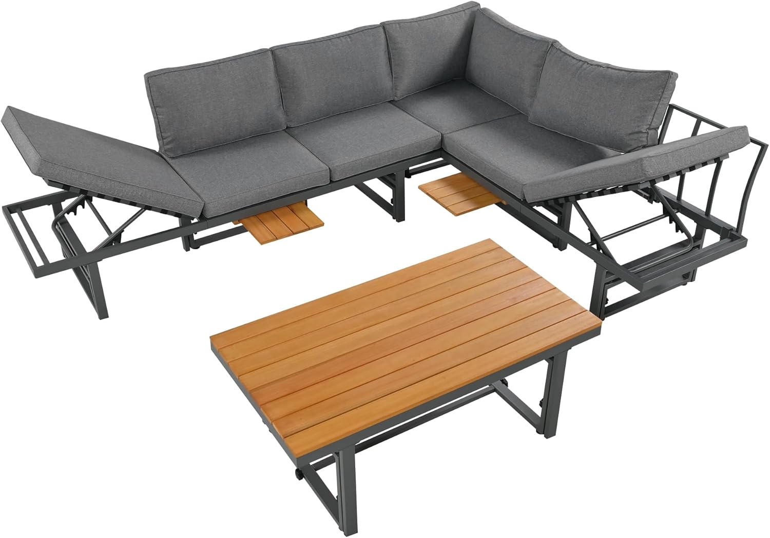 Sapgaks - Ensemble de jardin 6 places, fer, acacia, dossier réglable, table modulable, gris