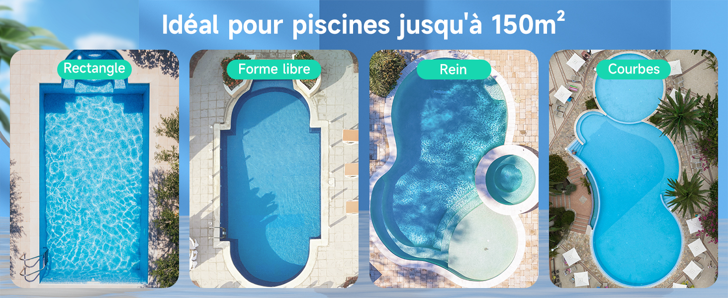 Vue aérienne de quatre formes de piscines : rectangulaire, ovale, en forme de huit et incurvée. Le texte indique qu'il convient aux piscines jusqu'à 150 m²