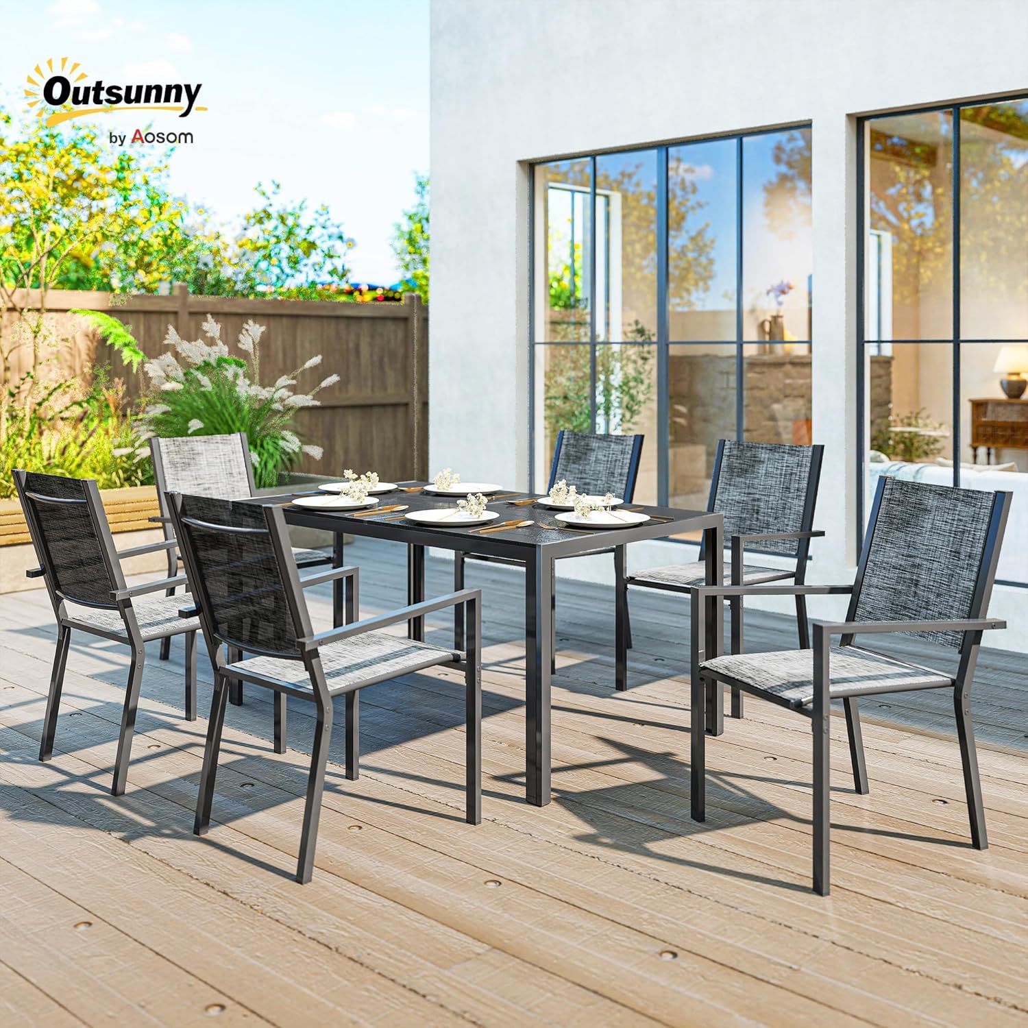 Outsunny - Salon de jardin 7 pièces - 150 cm - acier, 6 chaises empilables