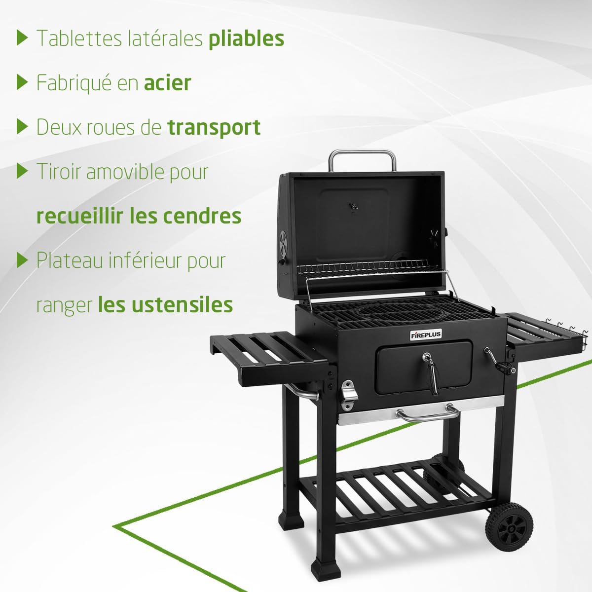 Amig - Fireplus Barbecue - 116,5x13,1x56cm - charbon, roues, plateaux, ventilation