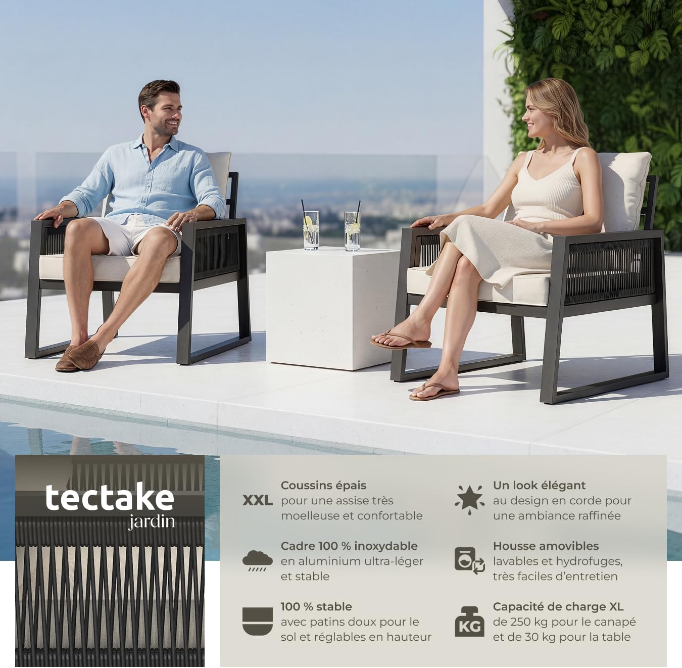 tectake - Lot fauteuils extérieur - alu époxy, coussins épais, x2, confort
