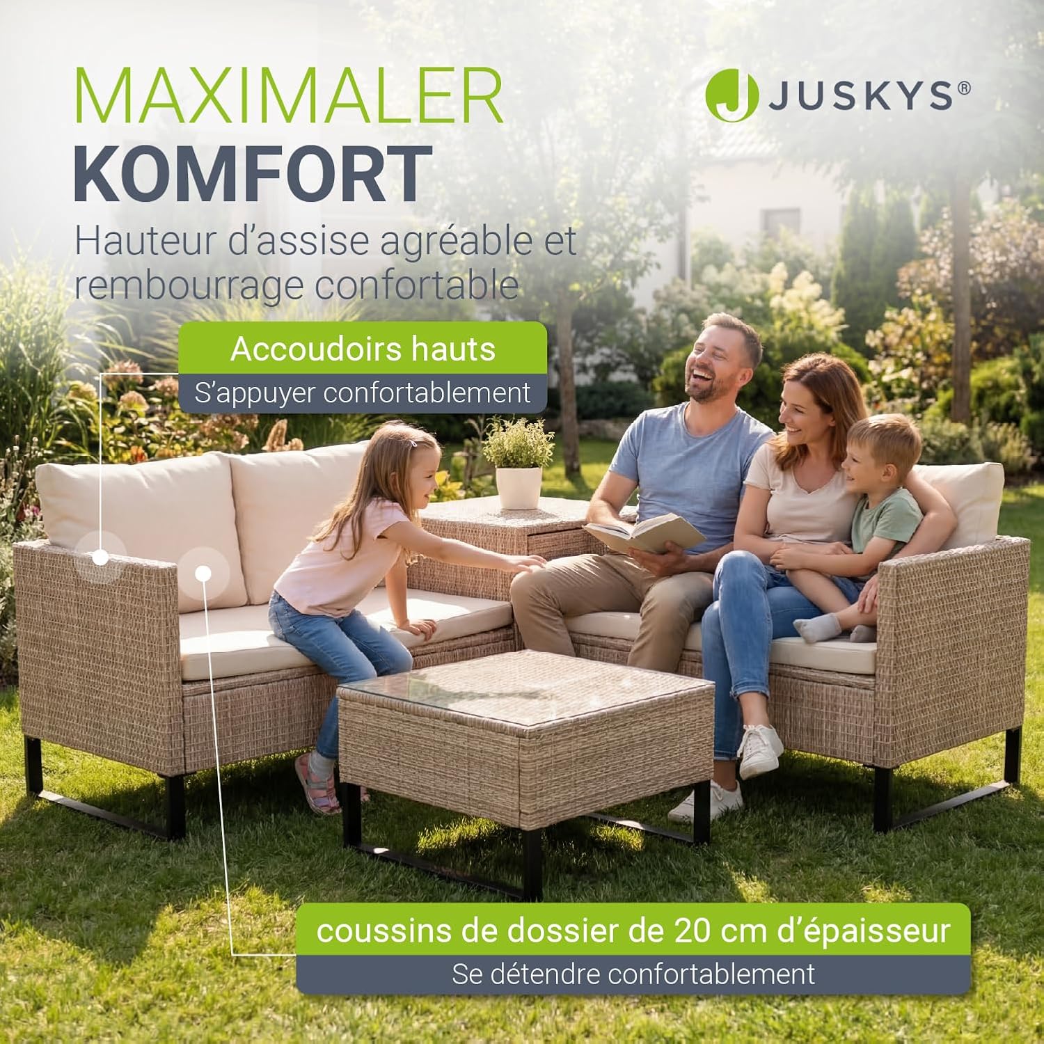 Juskys - Coin Lounge Santorini - salon d'extérieur, polyrotin crème, table basse avec coffre, résistant intempéries