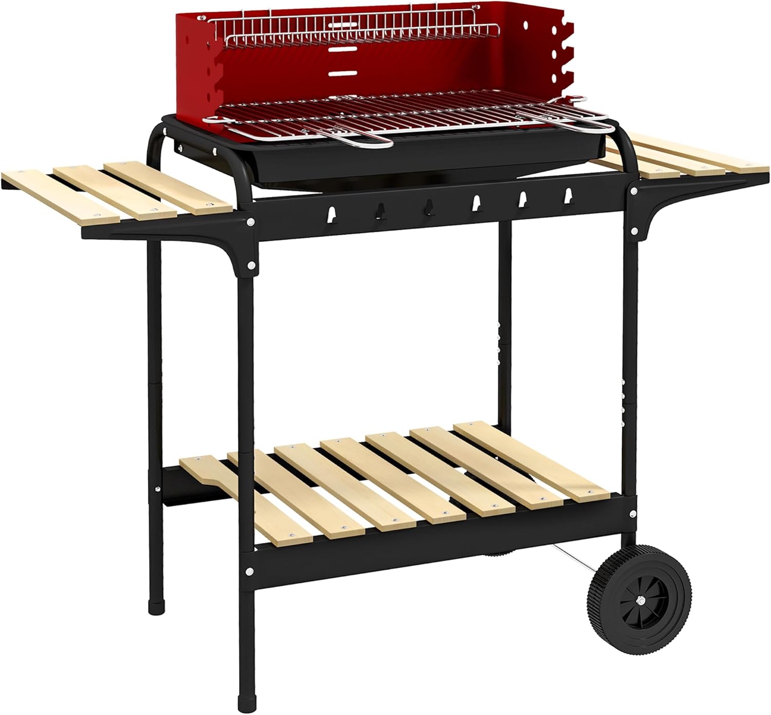 Outsunny - barbecue à charbon sur pied - 103x47x95cm - gril réglable, 2 roues, 3 étagères, bac à cendres