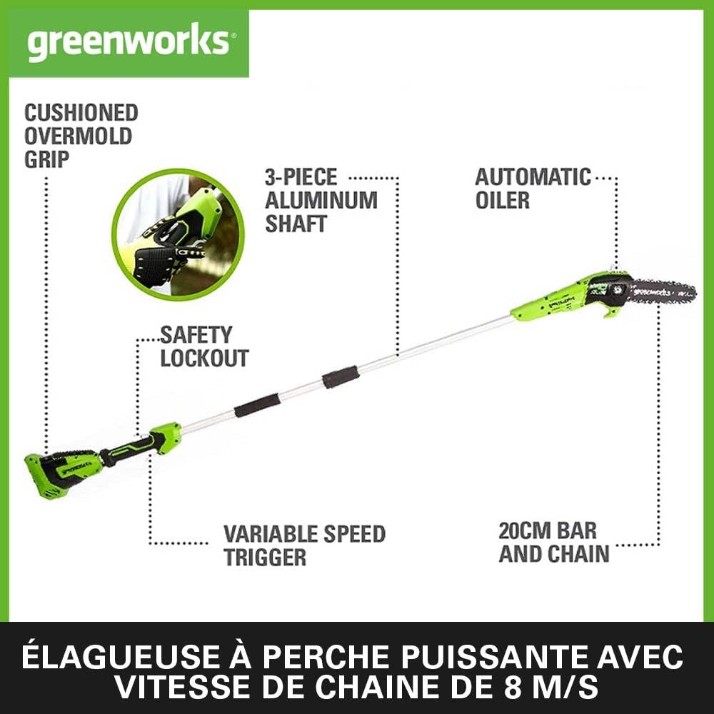 Greenworks G40PSFK2 Élagueuse sur Perche, Longueur des barres 8 Pouces (20cm), Vitesse 8 m/s, 3,64 kg, Graisseur Automatique, Portée 2.58 m, Batterie 40V 2Ah, Chargeur, Garantie 3 Ans