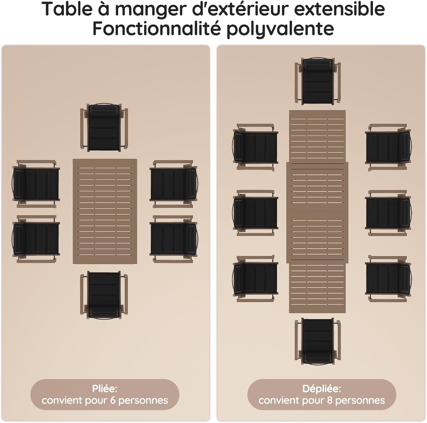 Devoko - Table de jardin extensible - 130-260x80x75 cm - aluminium, extérieur, marron