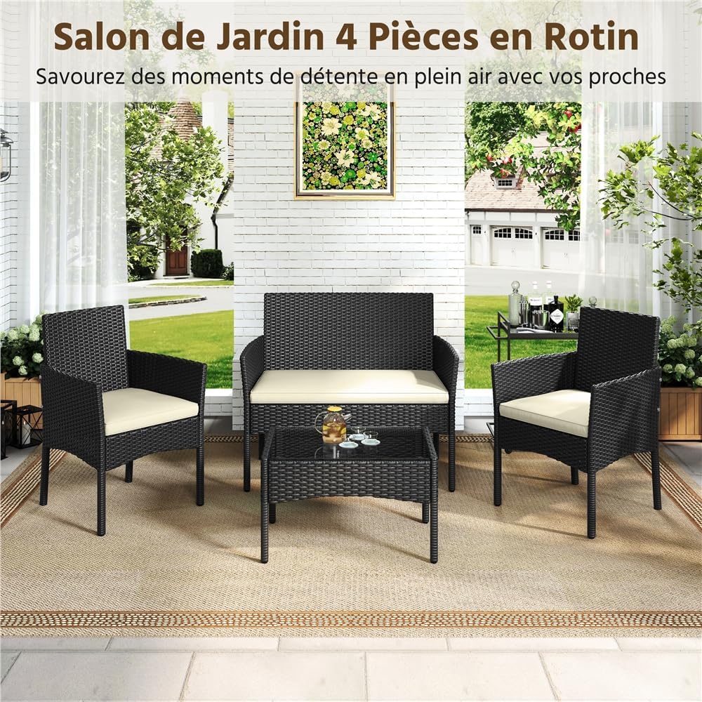 Yaheetech - Salon de jardin 4 places, polyrotin métal, canapé, fauteuils, table, coussins
