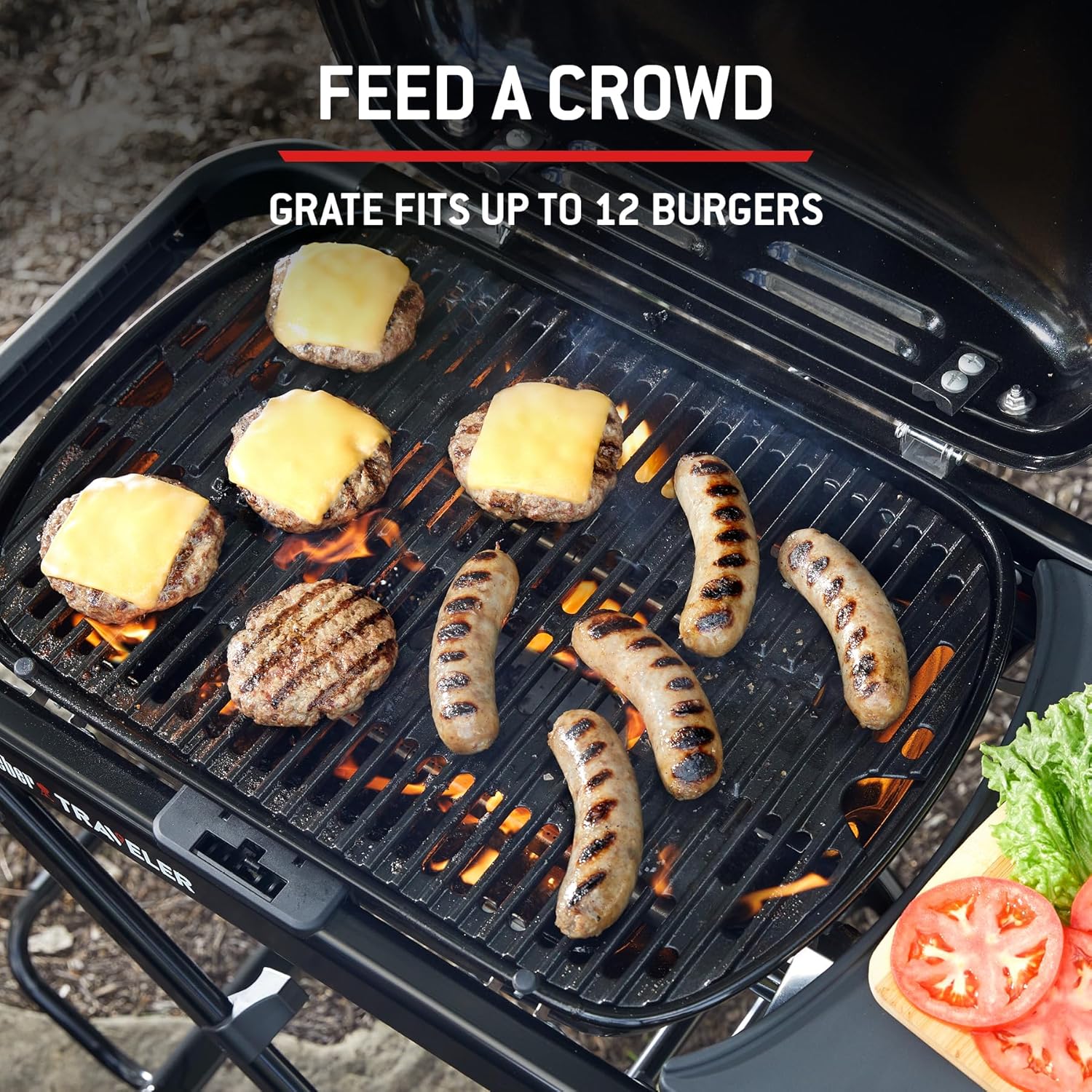 Weber Traveler Compact barbecue à gaz/design pliable et portable avec roues, verrouillage automatique du couvercle et thermomètre intégré, 1 brûleur, surface de cuisson 52 x 36 cm, noir