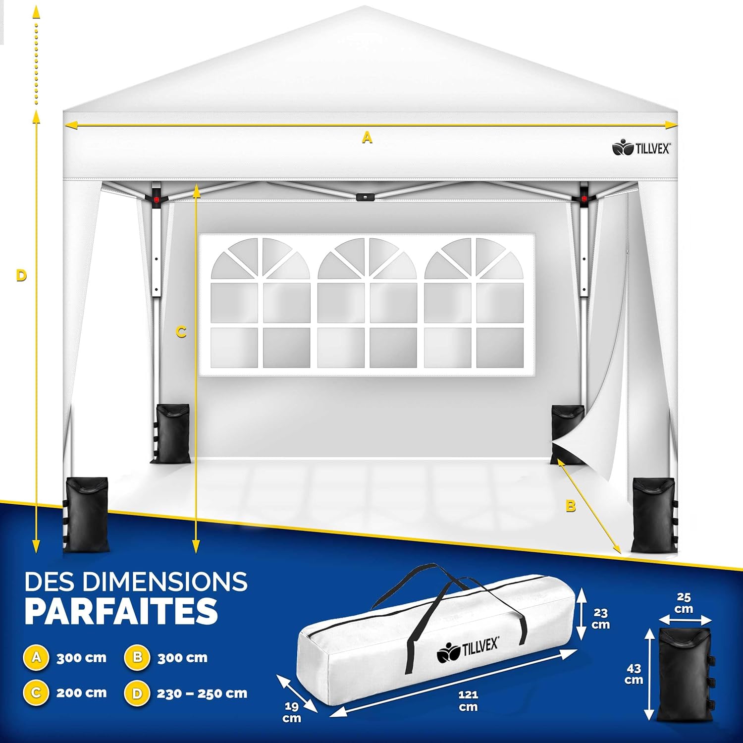 tillvex - Tonnelle pliante série Jardin - 3x3m - hauteur réglable, 2 côtés, UV50+, sac