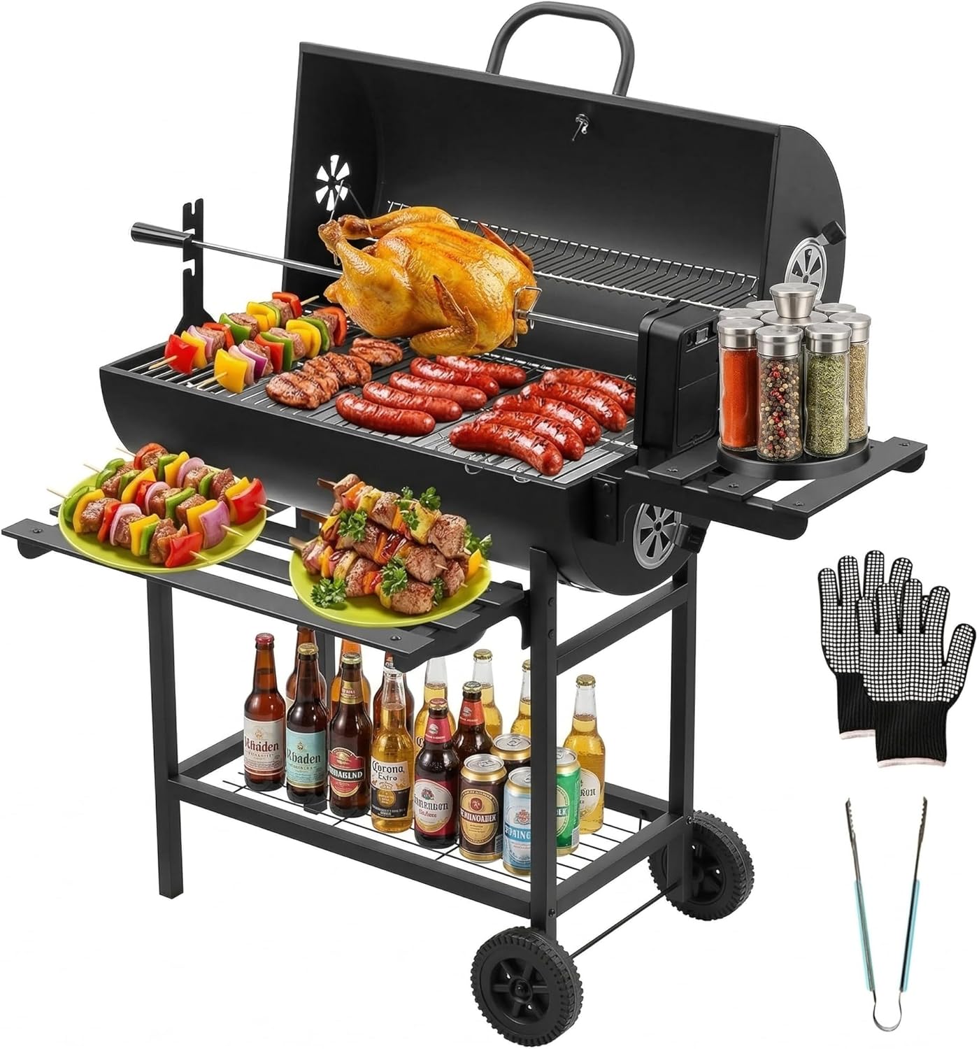 DEWINNER - Grill XXL - acier carbone, couvercle, thermomètre, rôtissoire