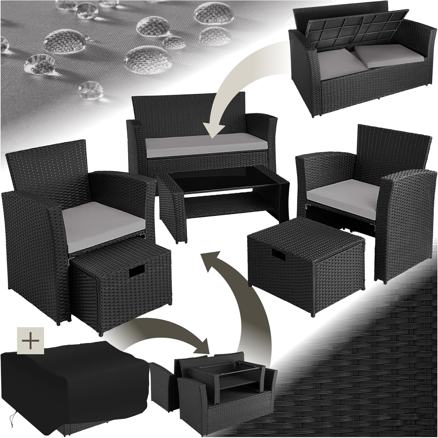 tectake - salon jardin poly rotin, 1 banquette, 2 fauteuils, table, noir/gris
