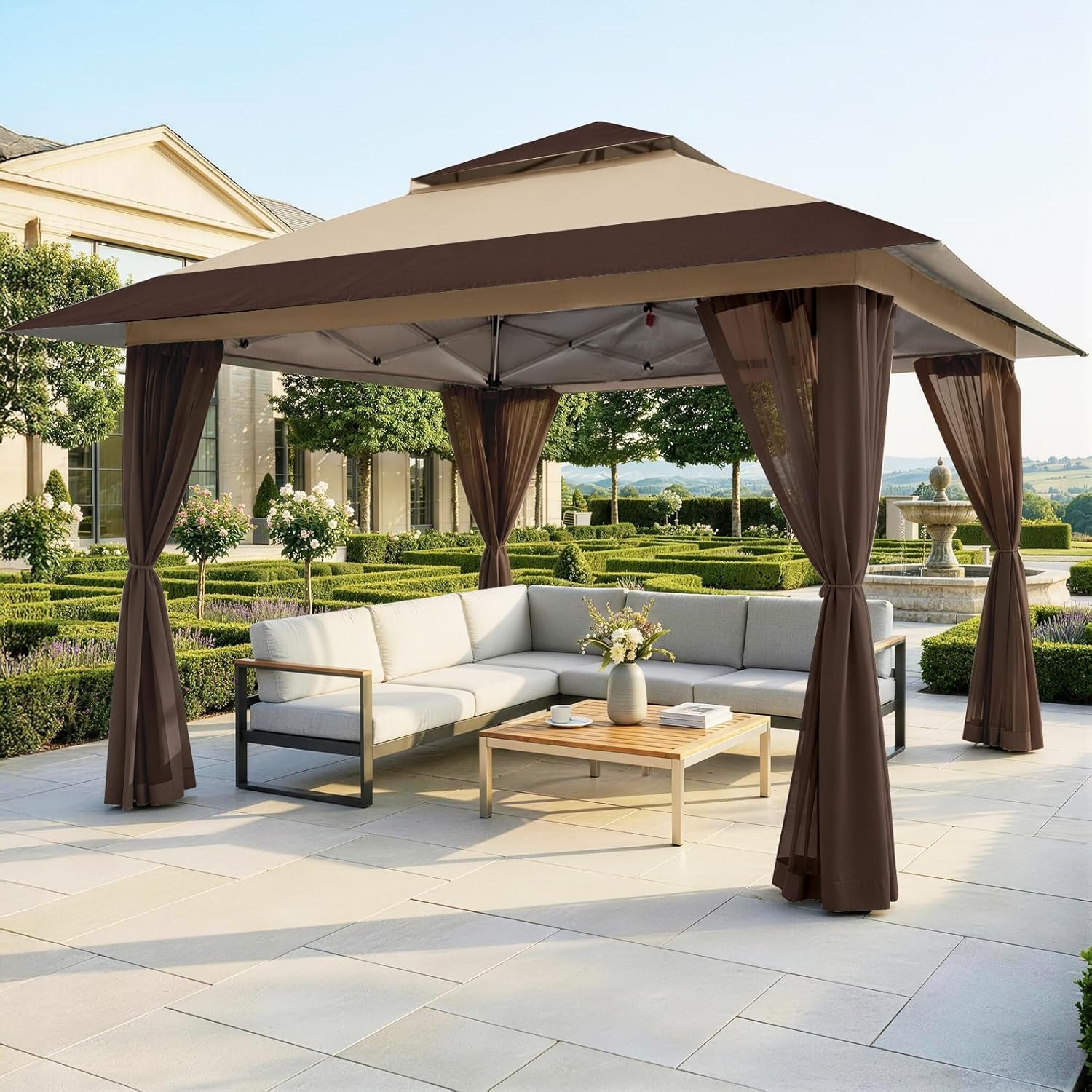 CROWN SHADES Tonnelle de Jardin 4 x 4 m, Pop Up Gezebo Exterieur Imperméable, Abri de Jardin Réglable en Hauteur, Double Toit avec Côtés en Maille Zippée, Sac de Transport, Beige