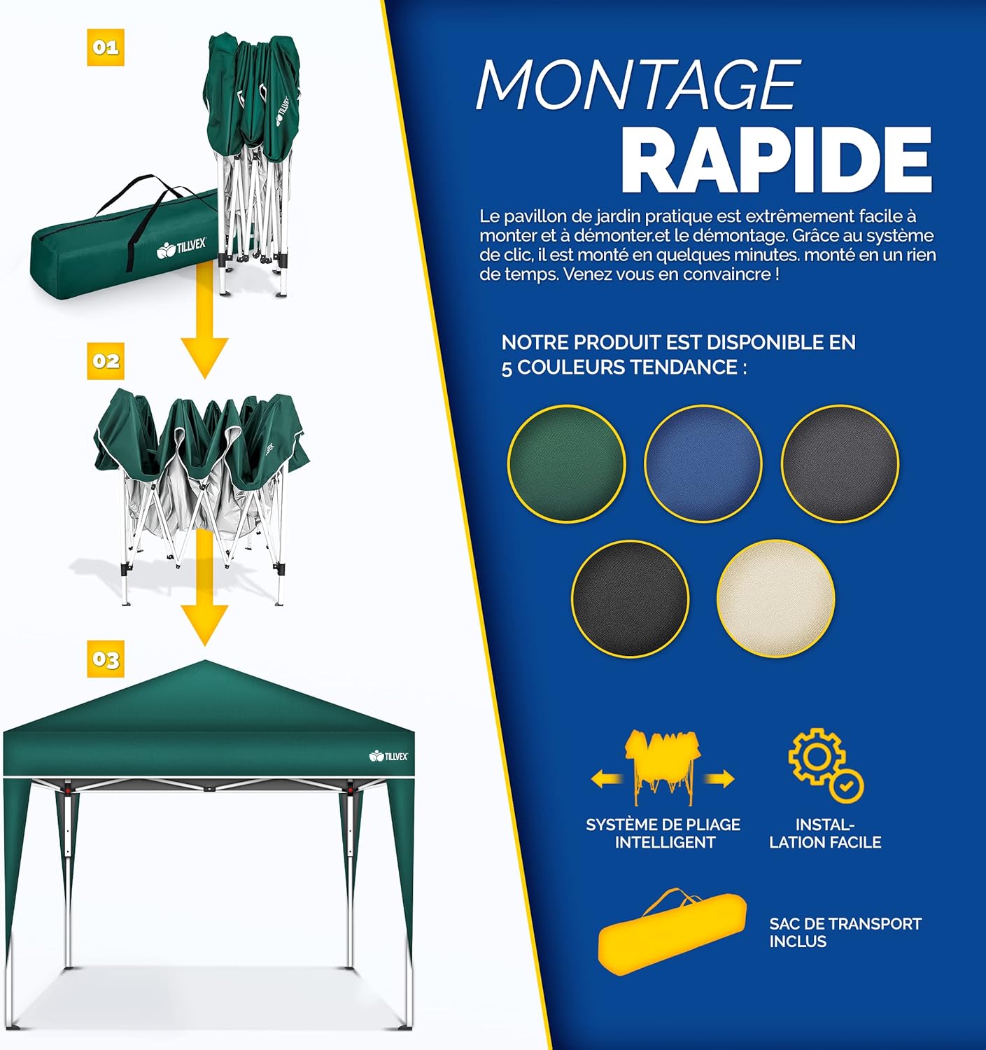 tillvex - Tonnelle pliante 3x3m - réglable, UV 50+, sac de transport