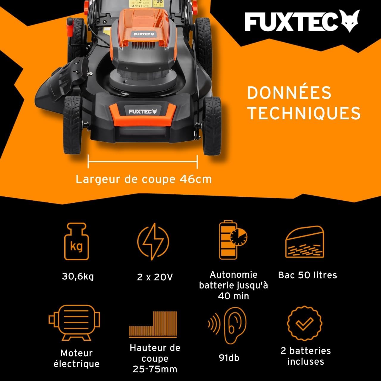 FUXTEC - E2RM46 - 46cm coupe, autotractée, mulching, 50L, 25-75mm E2RM46
