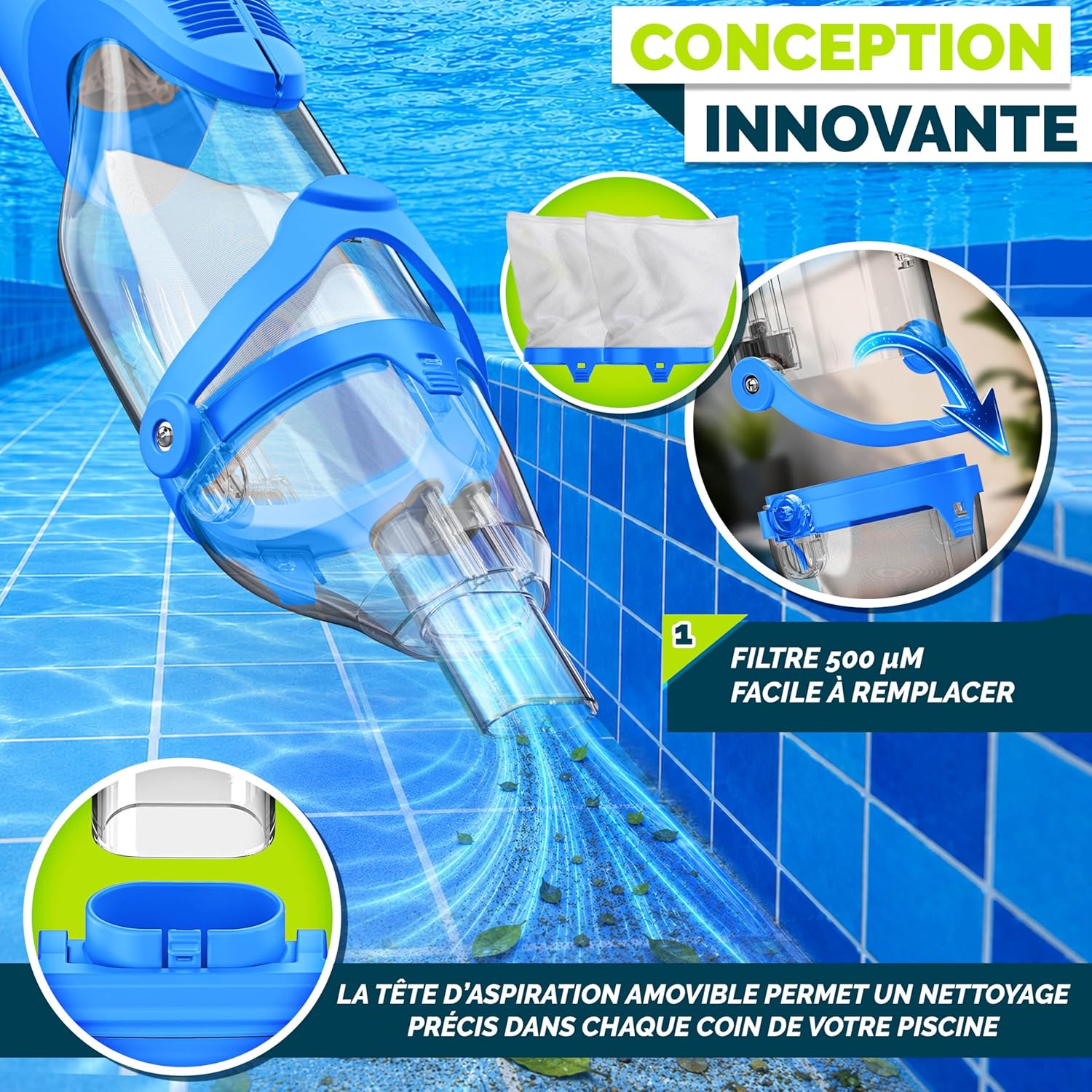 tillvex - Aspirateur piscine électrique - manche télescopique - filtre intégré - autonomie 60 min