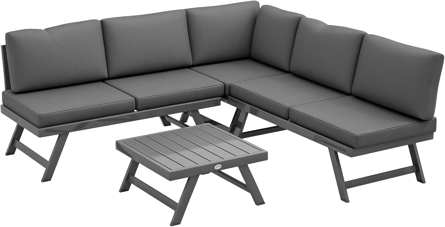Outsunny - Salon de jardin d’angle 4 places, alu/acier, banquettes, table basse, gris