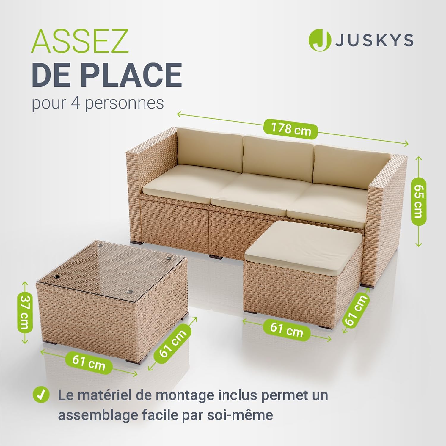 Juskys - Punta Cana M - canapé, tabouret, table, coussins - pour 3-4 personnes