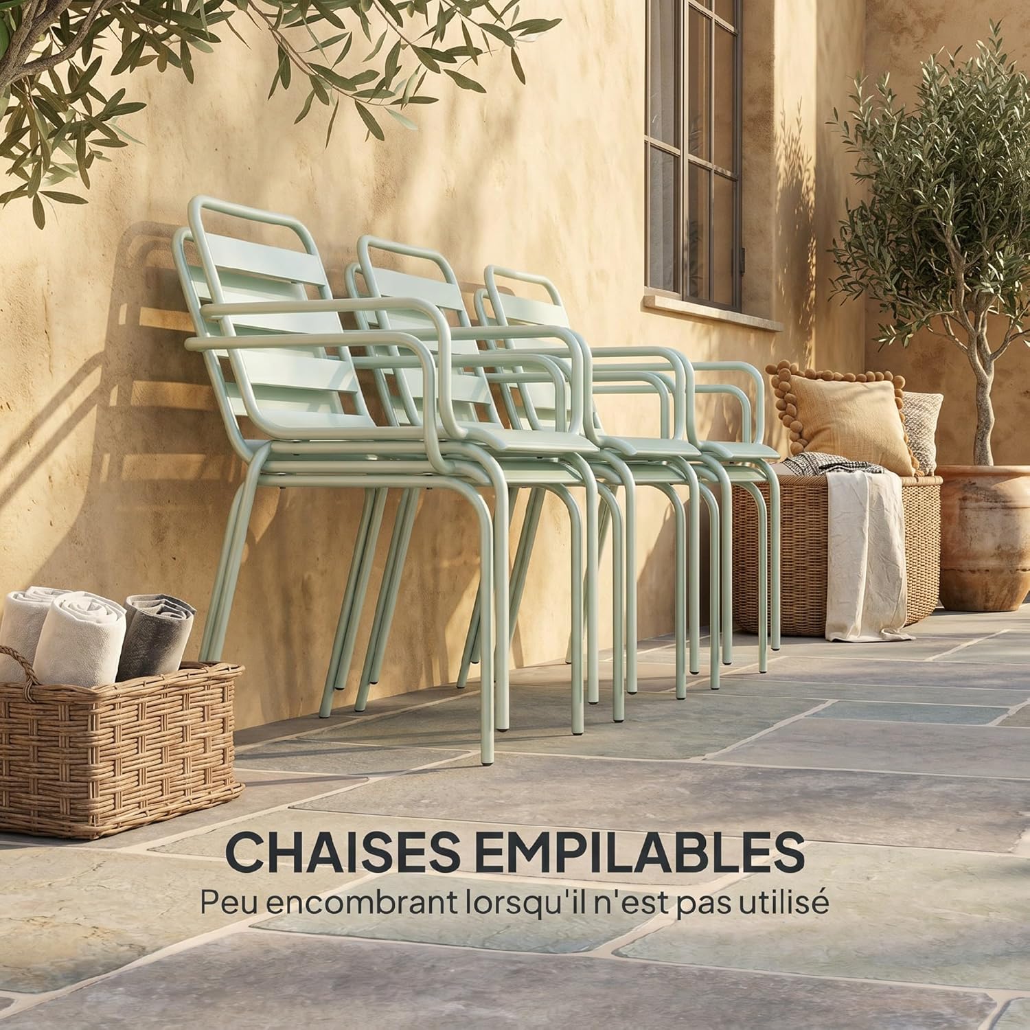 Outsunny - Salon de jardin 7 pièces - Table + 6 chaises acier vert clair - Empilables, extérieur