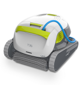 en blanc et vert citron. Design compact avec accent bleu, probablement pour l'entretien automatique de la piscine.