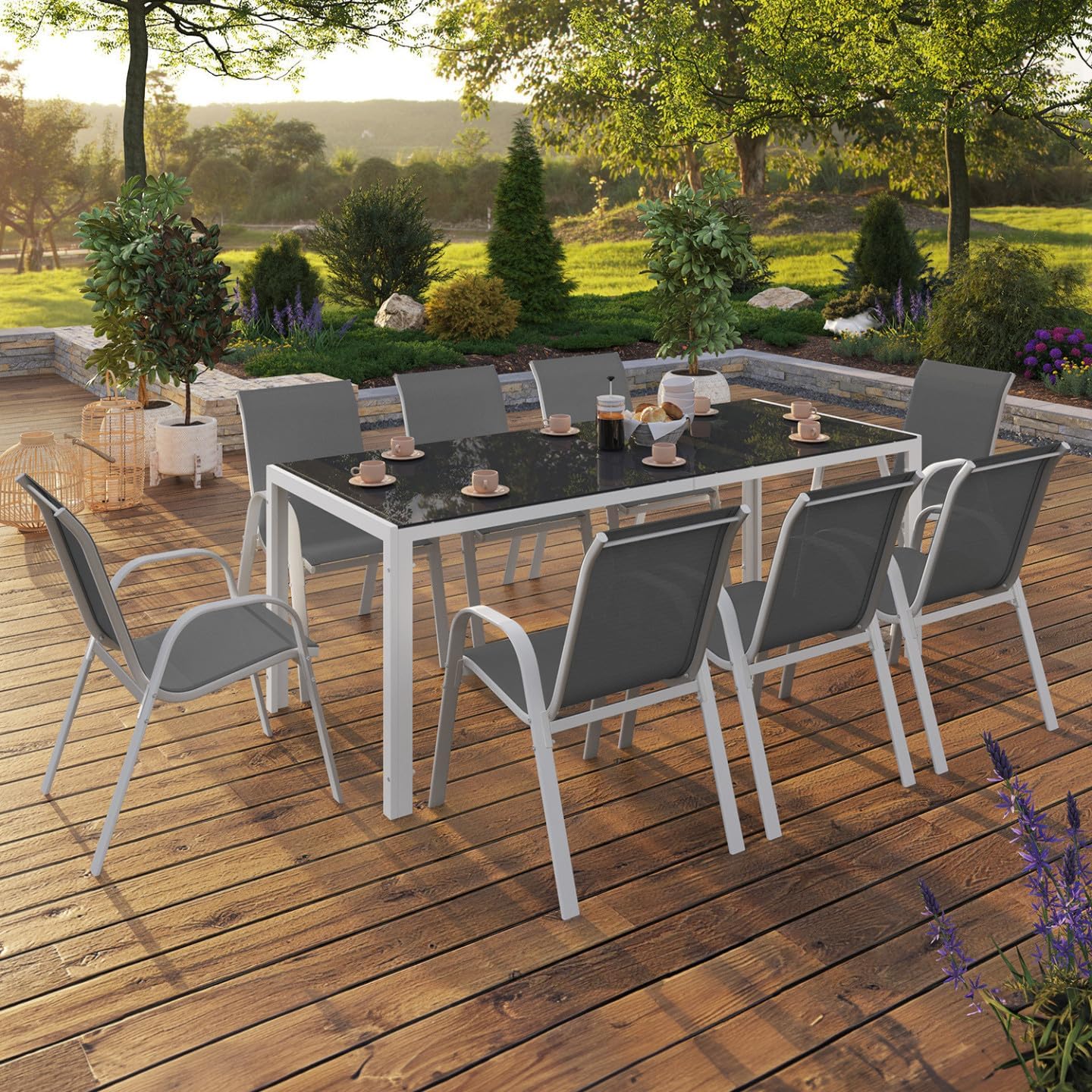 IDMarket - Salon Madrid - table 190 cm + 8 chaises empilables blanc/gris