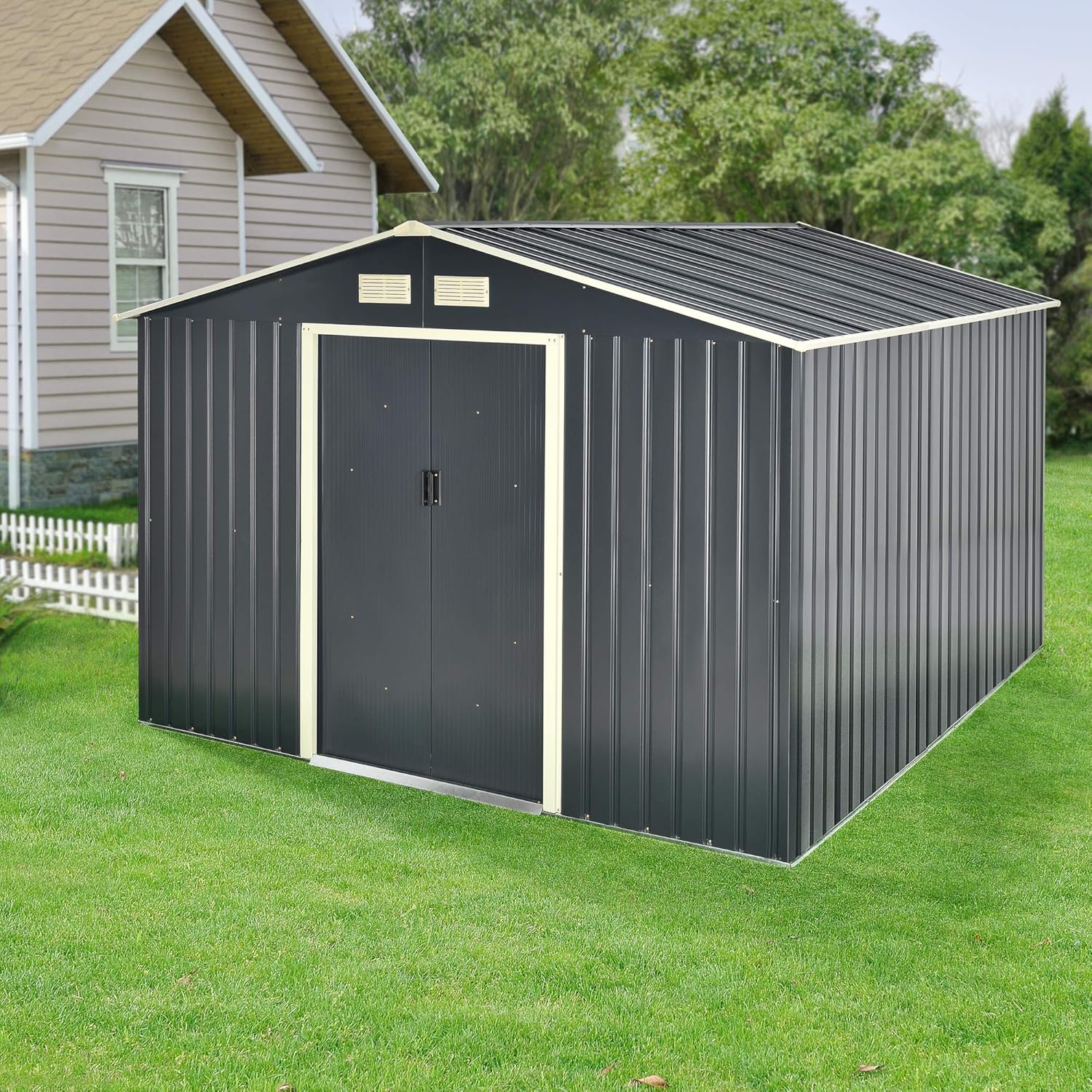 [en.casa] Abri de Jardin 15 m³ Robuste Cabane de Stockage Extérieur Cabane à Outils Toit à Pignon Tôles en Acier Galvanisées Gris Foncé