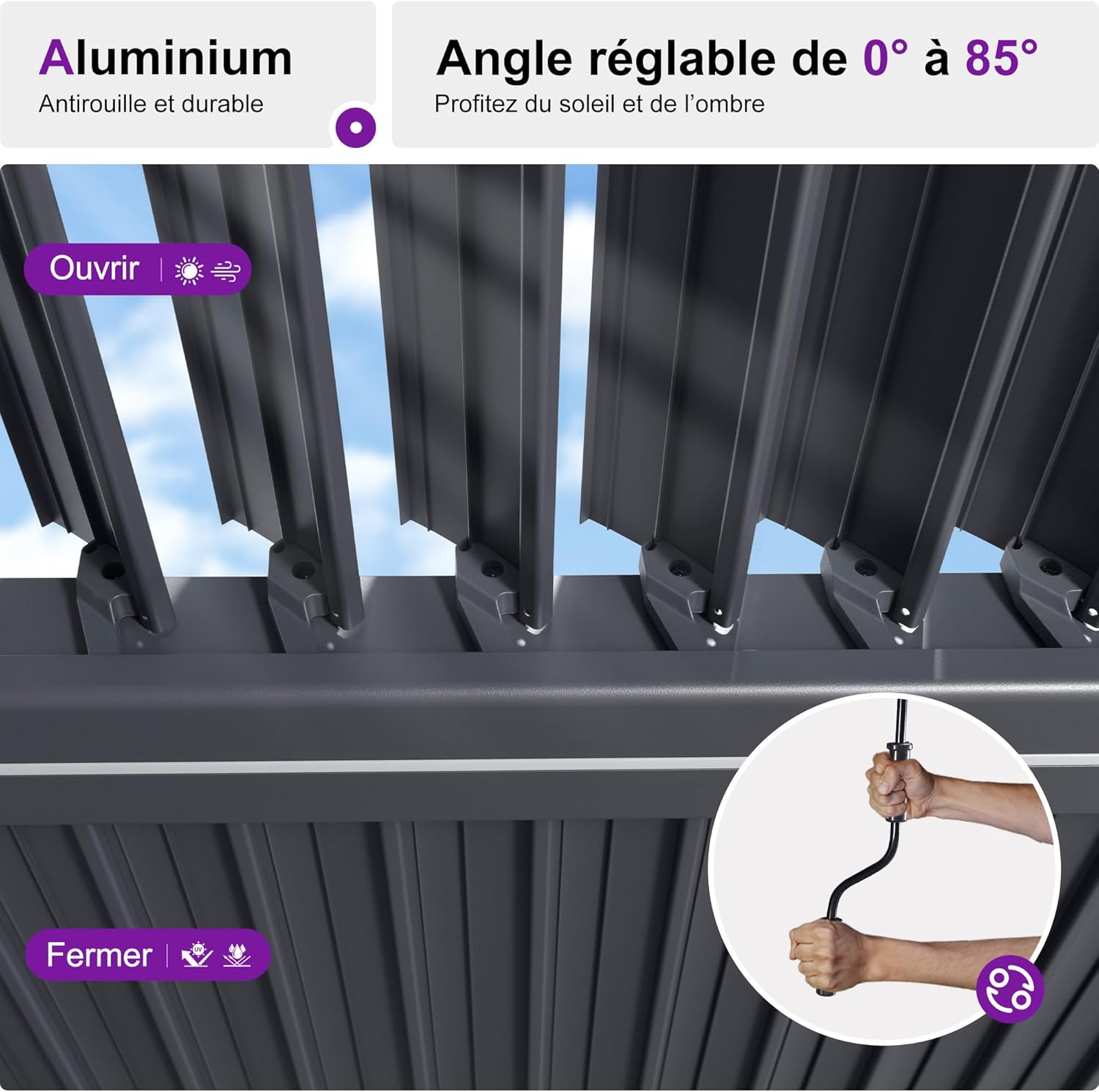 PURPLE LEAF - Pergola bioclimatique - 4x6m - alu lames LED gris