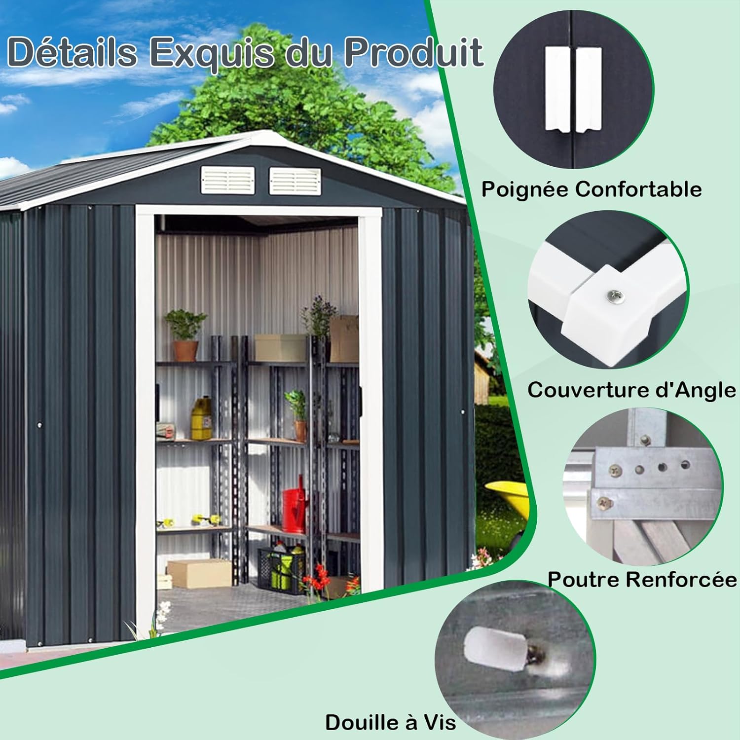 GOPLUS 2,37㎡ Abri de Jardin Métal Galvanisé avec Base, Résistant aux Intempéries, Cabine de Jardin Extérieur 2 Portes Coulissantes avec 2 Fenêtres de Ventilation, 4,39m³, 213 x 127 x 185 cm, Gris