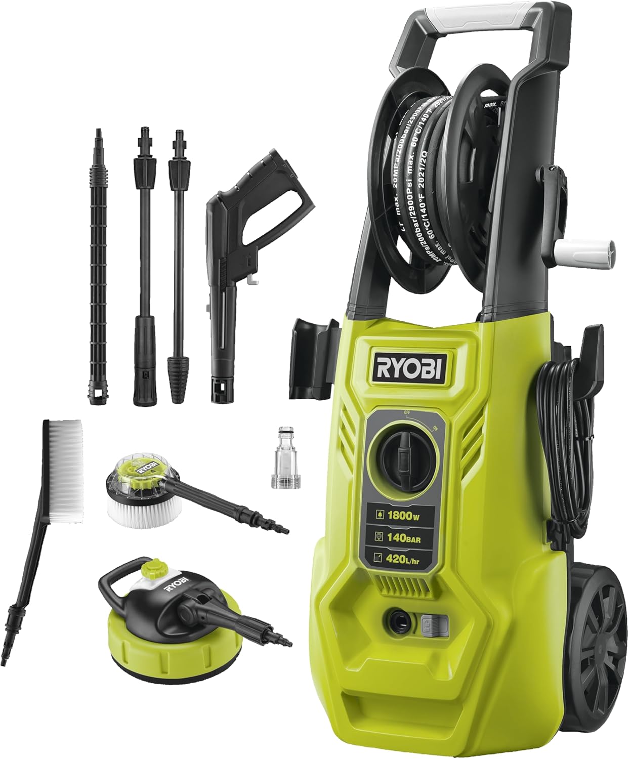 RYOBI - Nettoyeur Haute Pression 1800 W - 140 Bars - 420 L - Flexible 6 m - Enrouleur - réservoir détergent intégré - Lance Vario & Turbo - Brosse Multi-Surfaces - Brosse rotative - RY140PWA-P
