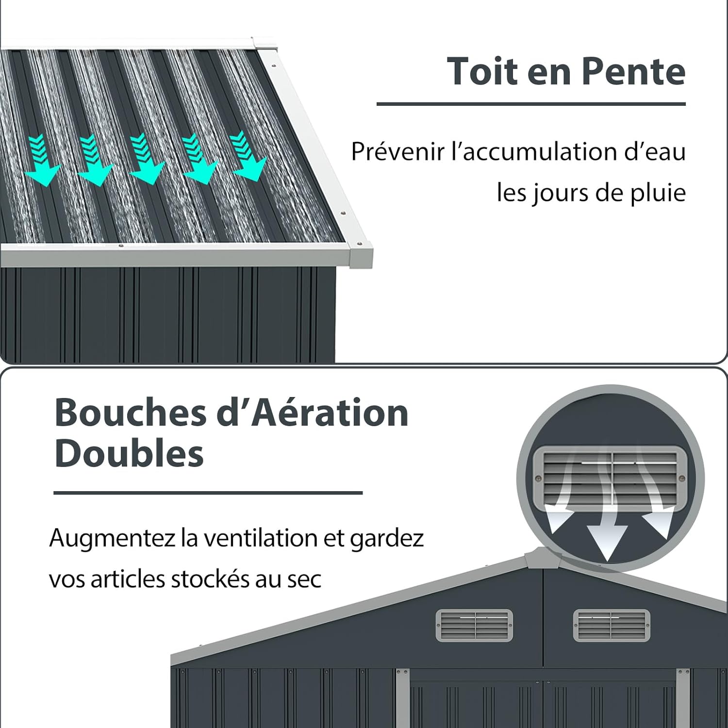 Abri de jardin métal 4m² - toît double pente, portes coulissantes, 