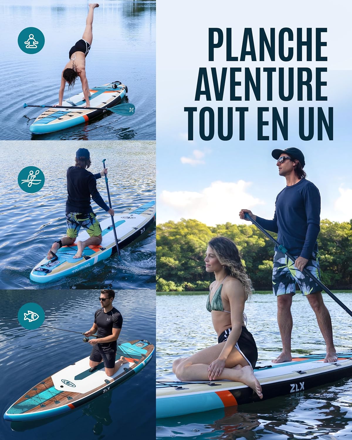 ZLX - Planche Paddle Touring - 350cm - rapide, stable, siège kayak, charge 180kg