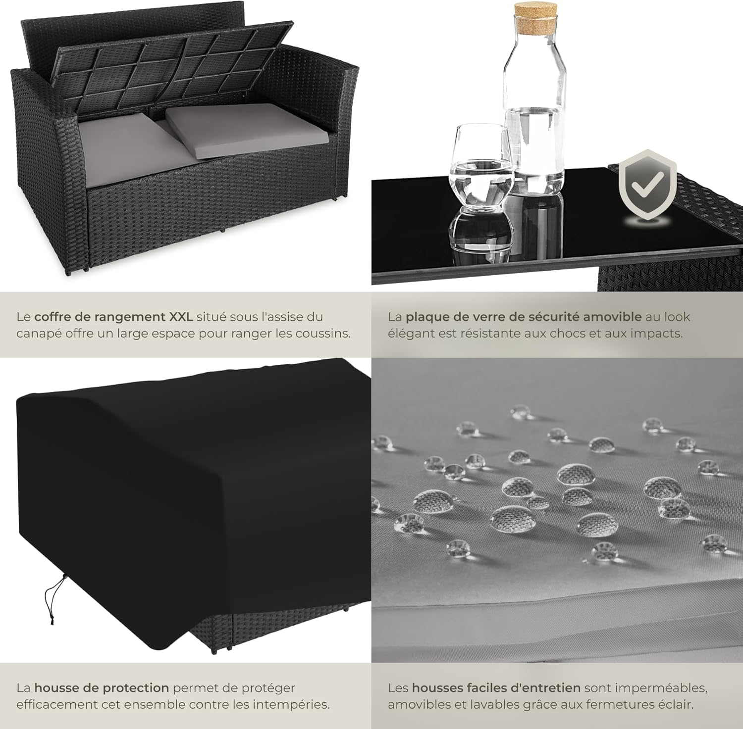 tectake - salon jardin poly rotin, 1 banquette, 2 fauteuils, table, noir/gris