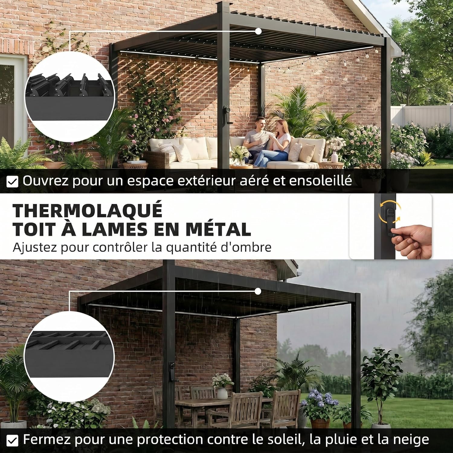 Outsunny - Pergola bioclimatique 3x3m - LED solaires, lames orientables, toit métal, gouttières