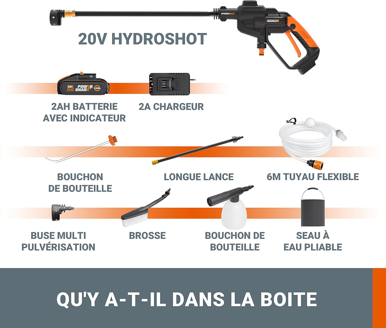 WORX - nettoyeur haute pression 20V, sans fil, portable, 1 batterie, accessoires - WG620E.2