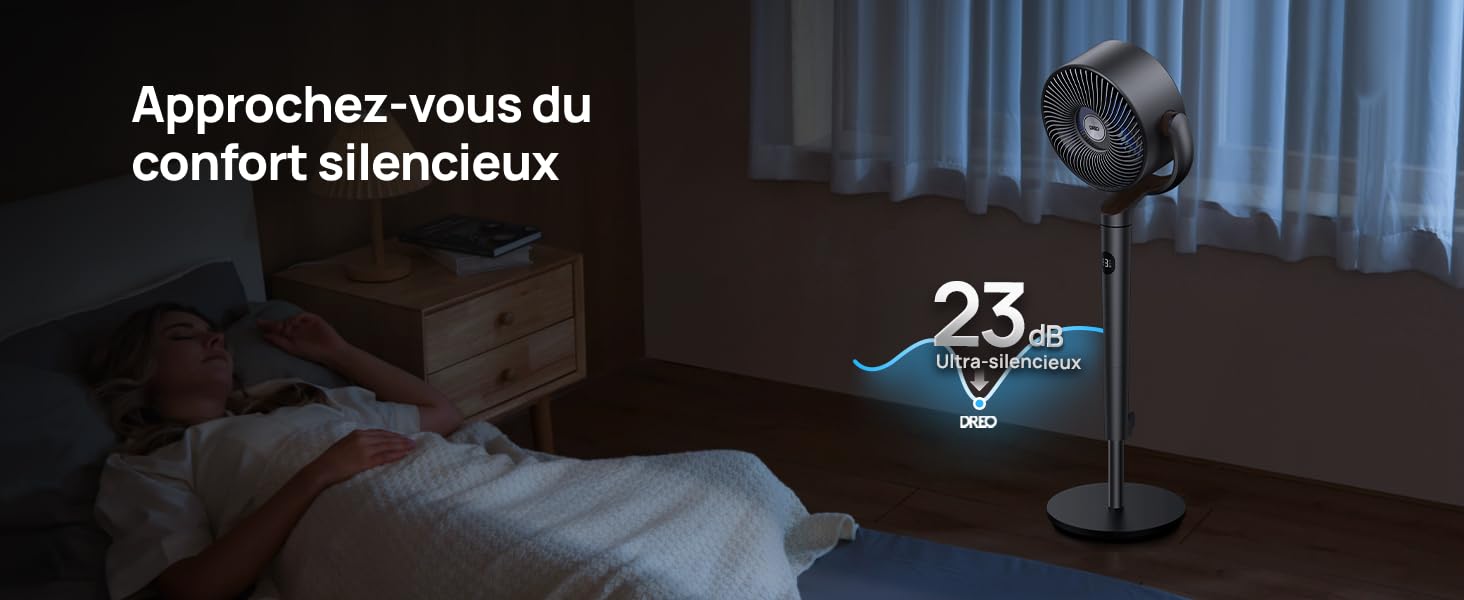 Scène de chambre sombre avec ventilateur sur pied. La superposition de texte en français mentionne « confort silencieux » et affiche « 23 » avec