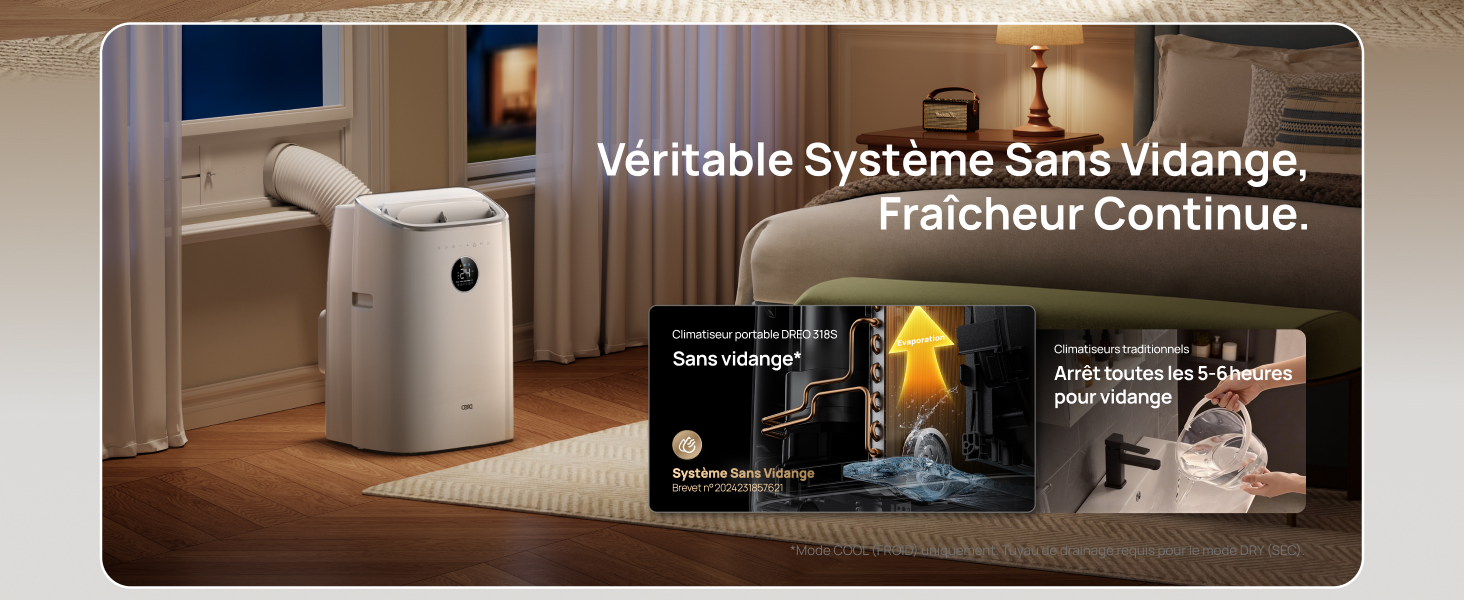 Le texte se lit comme suit : « Véritable Système Sans Vitrage, Fraîcheur Continue ». Dispositif d'humidification affiché dans un salon moderne avec des écrans d'interface associés montrant les caractéristiques du produit.
