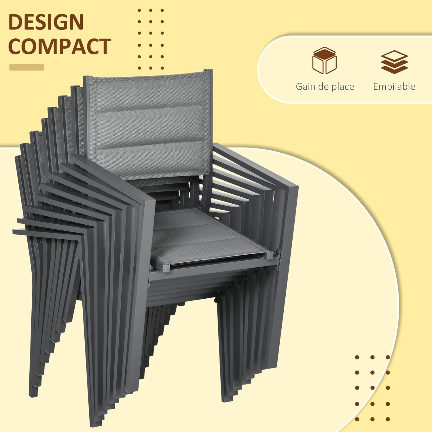 Outsunny - salon de jardin extensible 135-270cm - 8 chaises empilables, aluminium et textilène - gris