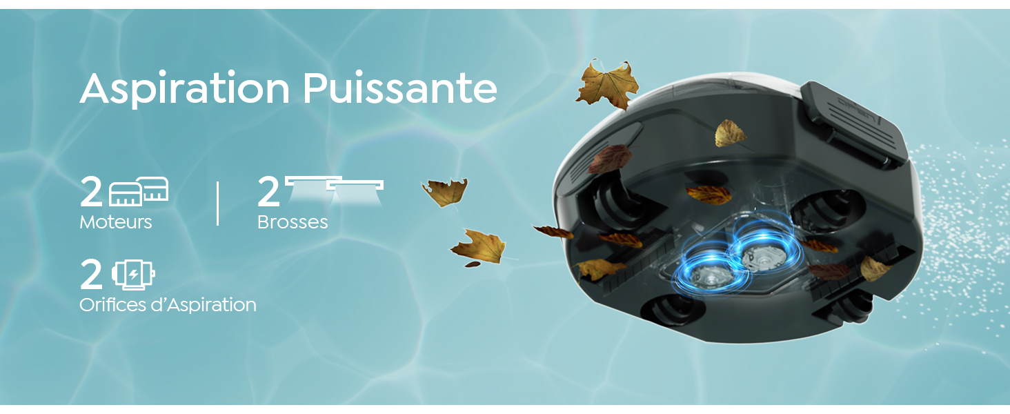 Le texte se lit comme suit : « Aspiration Puissante ». Image marketing montrant la silhouette d'un appareil sur fond bleu clair avec des éléments flottants et des indicateurs numériques « 2 ».