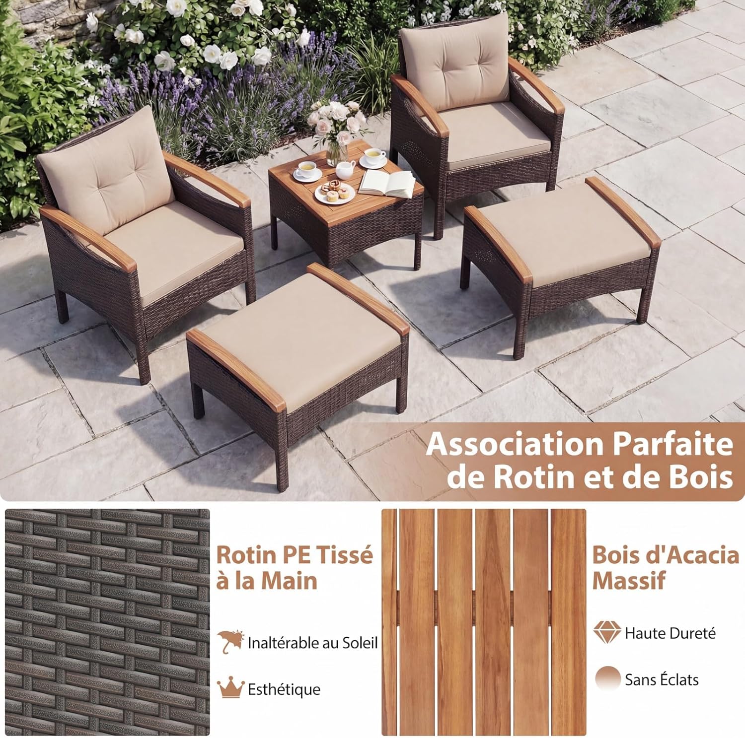 Salon de Jardin COSTWAY - 5 pièces en Rotin Jaune Terre - 2 fauteuils, 2 ottomans, table acacia, coussins amovibles - 14