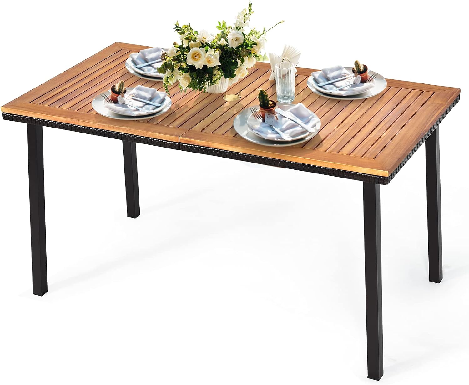 Costway - Table à manger bois et acier - 140x75x76 cm - trou parasol