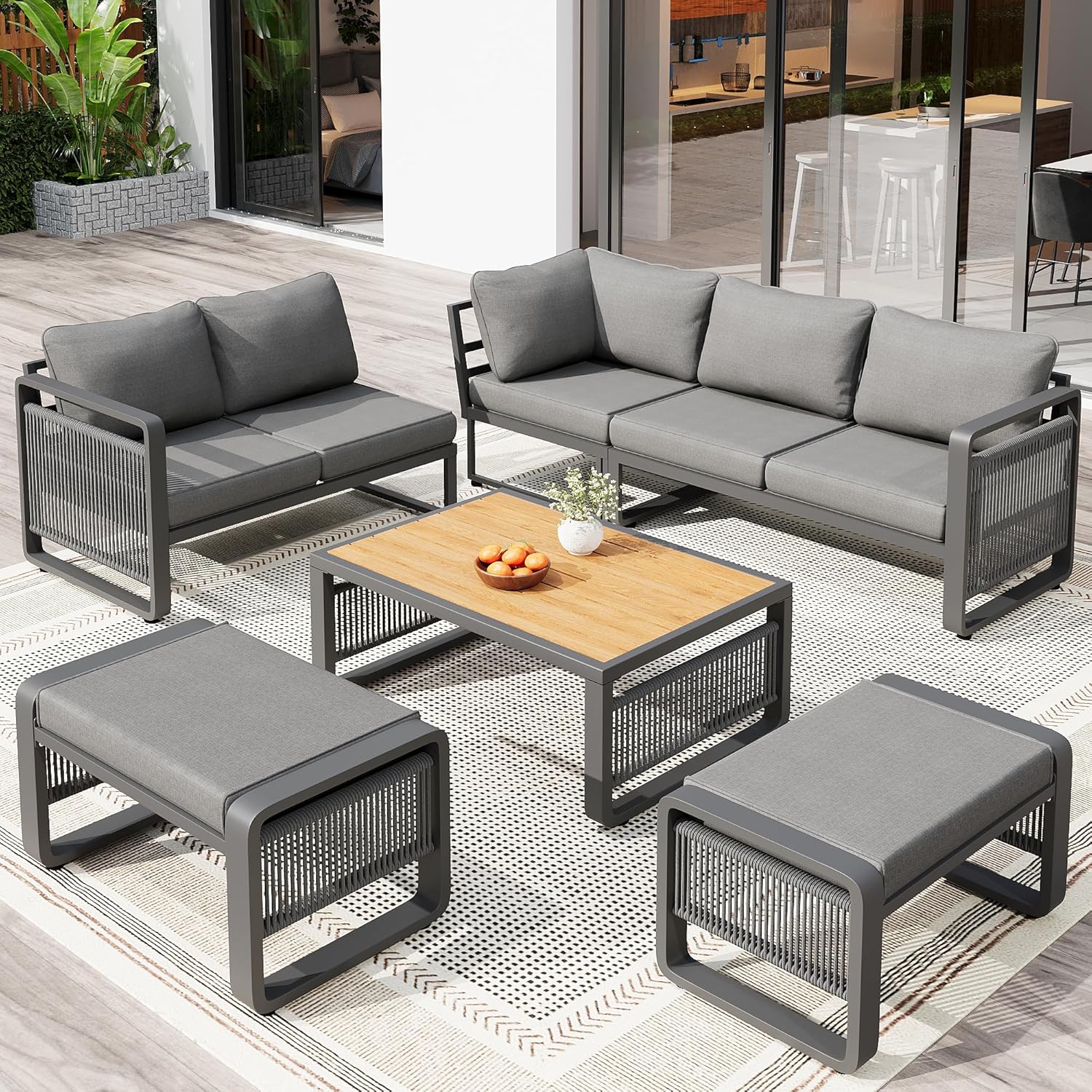 Sapgaks - Ensemble salon jardin corde 6-7 pers, coussins moelleux, pieds réglables, gris