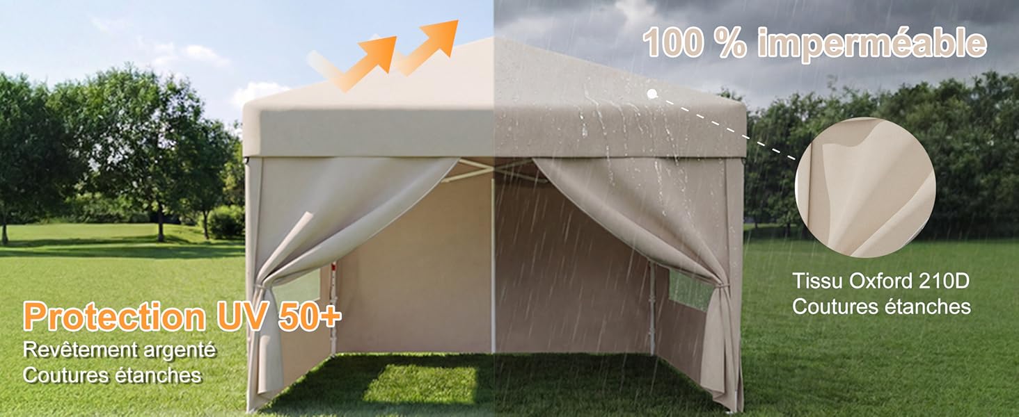 Le texte indique « 100 % améliorable », « Protection UV 50+ », « Matériau d'extérieur New Oxford 210D ». Structure d'ombrage pour jardin extérieur avec insert décoratif en forme de parasol.