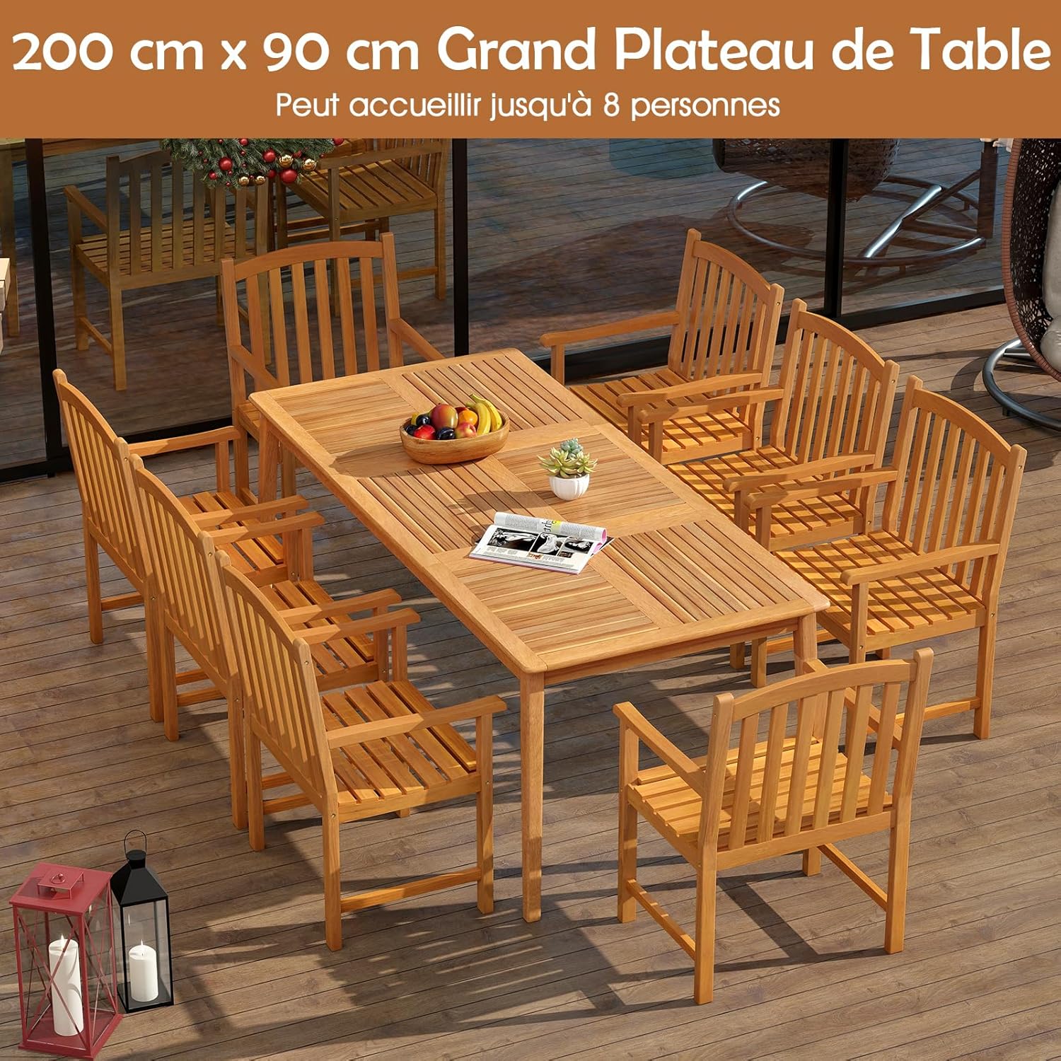 COSTWAY - Table de jardin en bois d'acacia - 200x90 cm - 8 personnes, trou parasol 5 cm