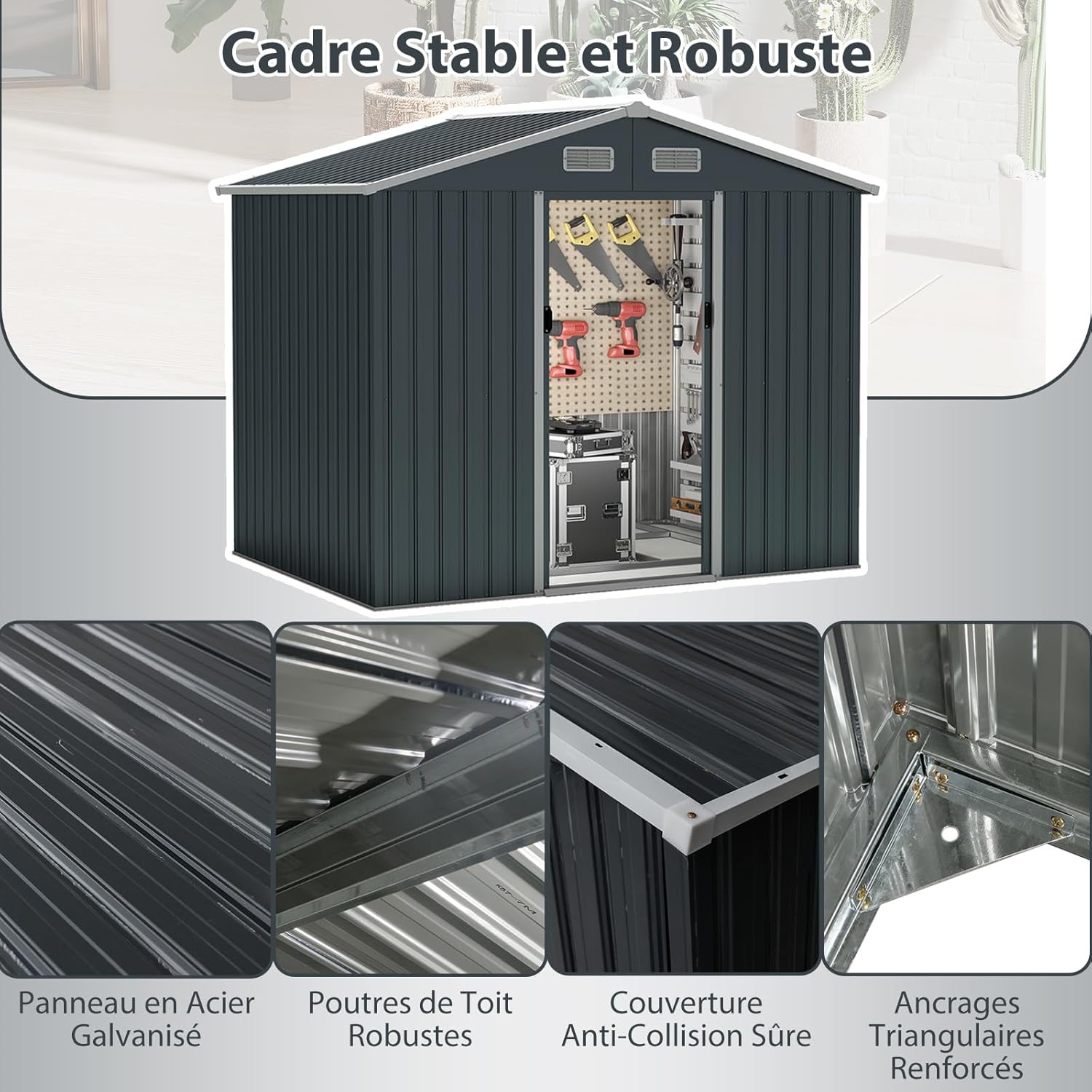 Abri de jardin métal 4m² - toît double pente, portes coulissantes, 