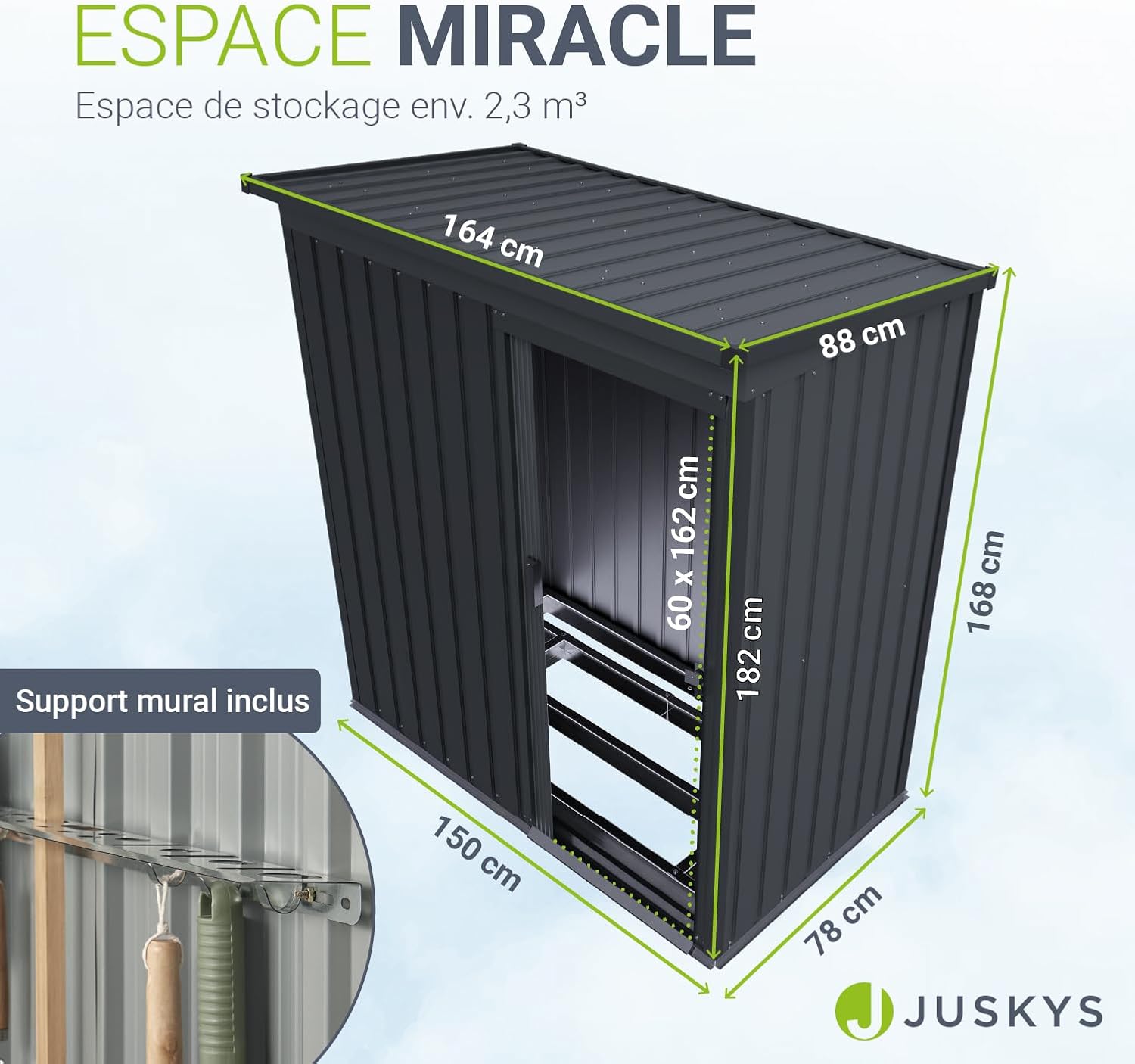 Juskys - abri métallique S - fondation, porte coulissante, verrou, gris