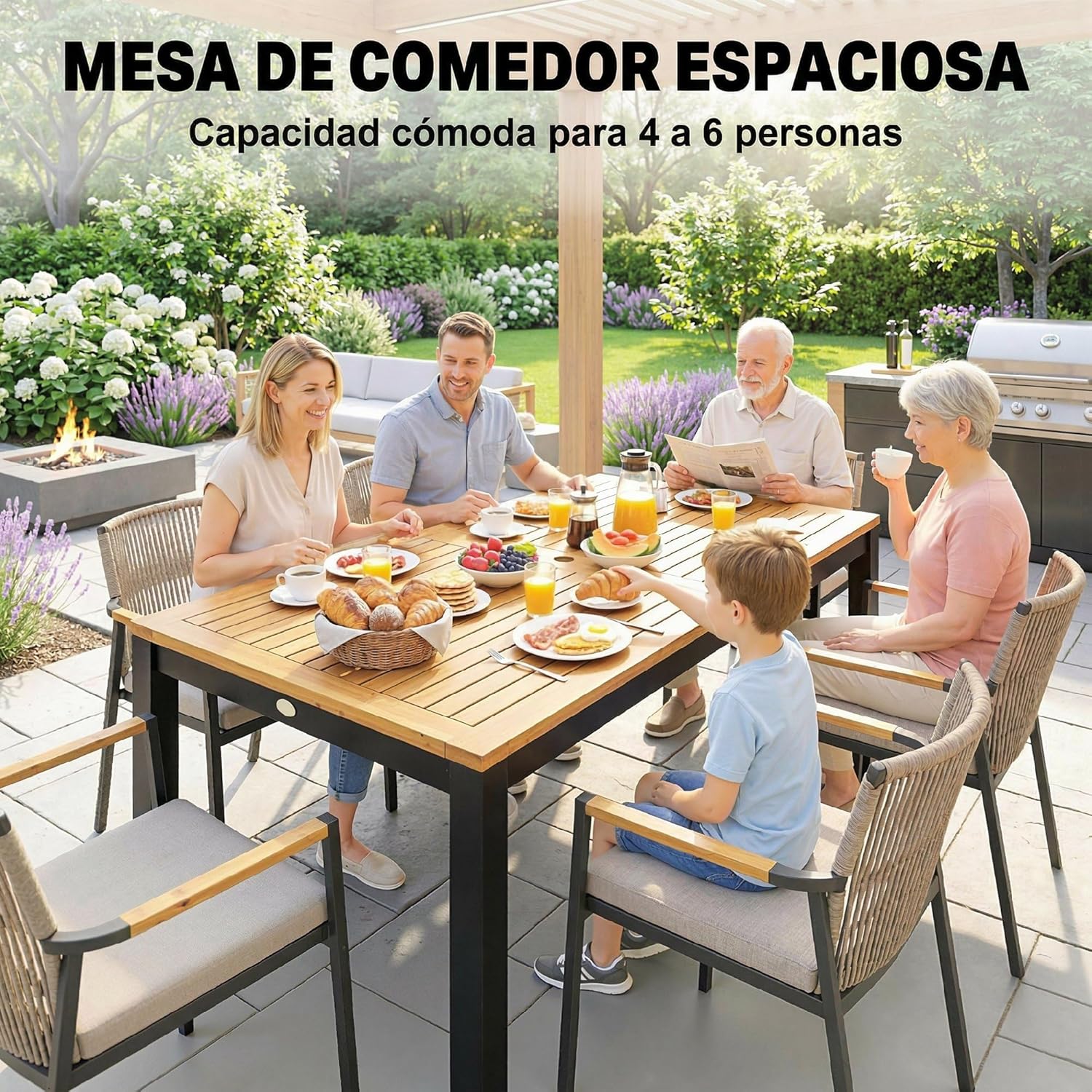 Outsunny - Table de jardin rectangulaire 150x75x75 cm - bois acacia, 6 places, trou parasol, 80 kg