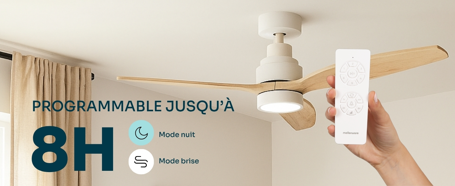 Le texte indique « PROGRAMMABLE JUSQU'À 8H ». Installation d'un ventilateur de plafond blanc ou d'un luminaire illustrée en plusieurs étapes.