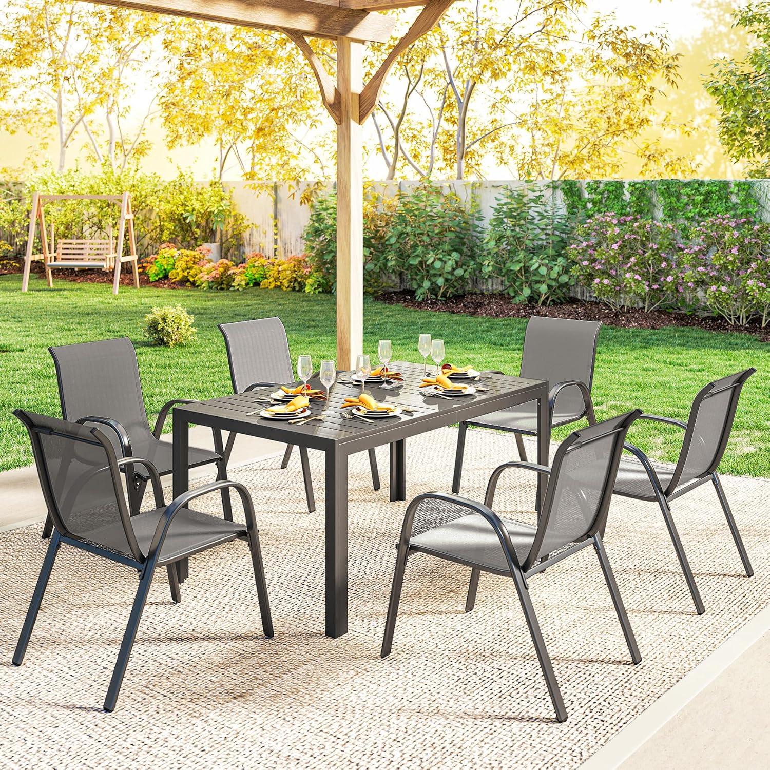 Outsunny - Salon de jardin extérieur 7 pcs - 150cm - table à lattes, acier antirouille, 6 chaises empilables, gris clair