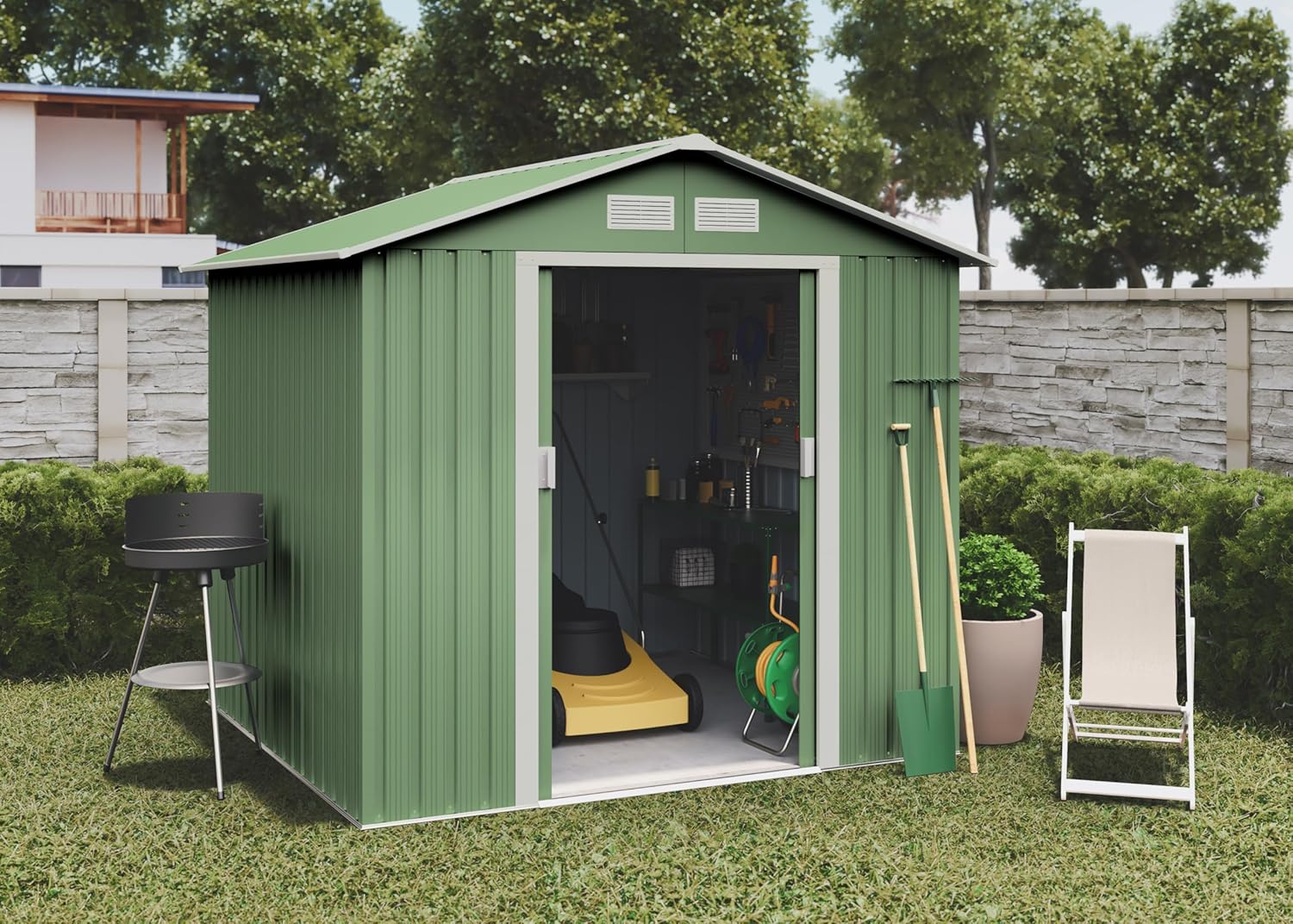Wasabi - Abri de jardin Light Green 5,27m² double porte, toit double pente, 261x202x202cm