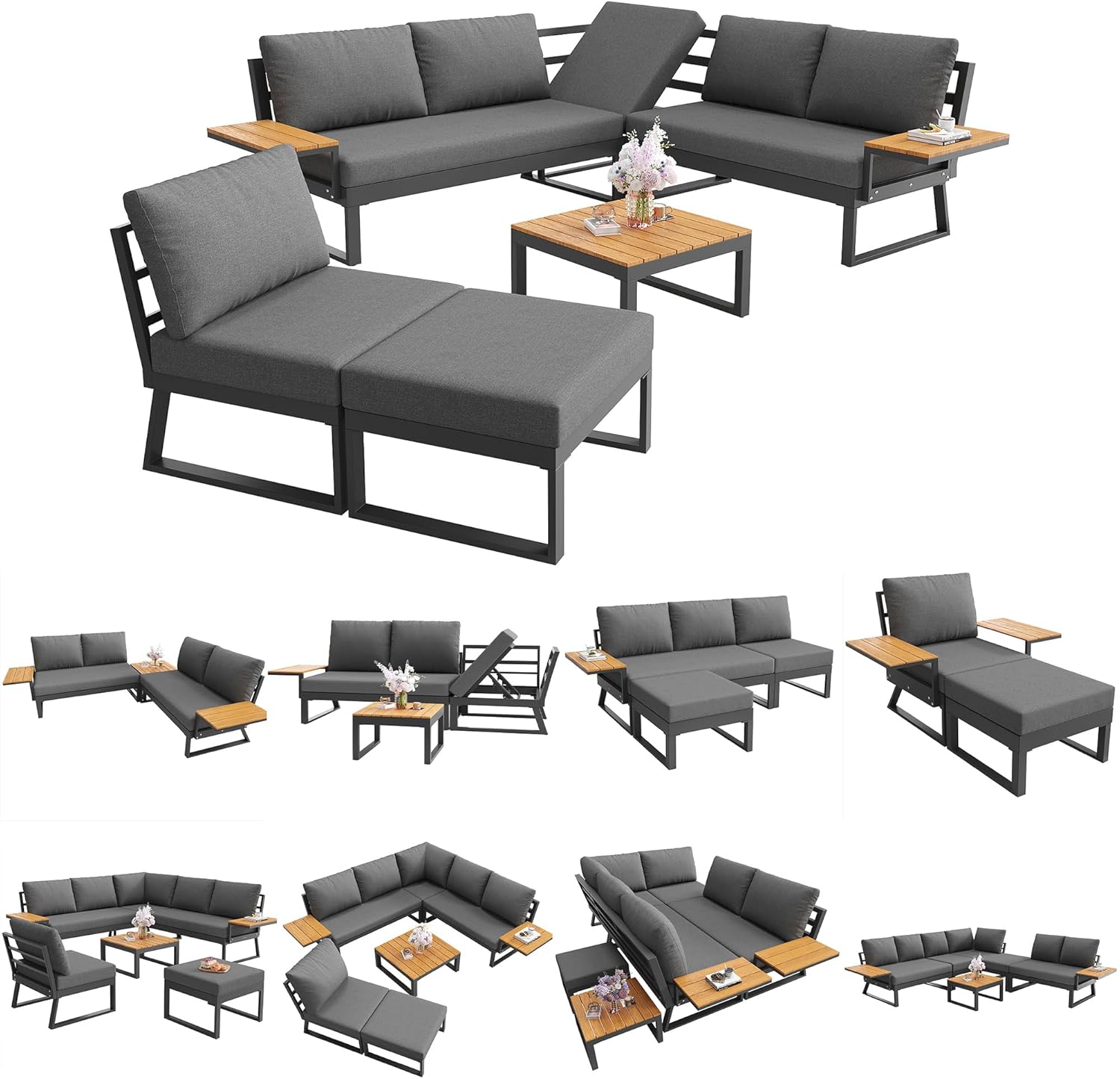 Sapgaks - salon de jardin 7 places, angle inclinable, coussins, table basse - F-Gris