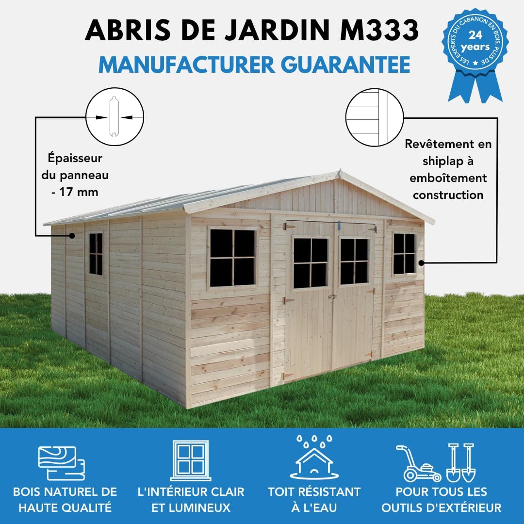 Abri de Jardin en Bois Exterieur avec Les PLANCHERS IMPRÉGNÉ- Maison de Jardin en Pin/épicéa-H246x418x522 cm/20 m²-Construction de Panneaux- Rangement pour vélos, Remise à Outils-TIMBELA M333 +M333G