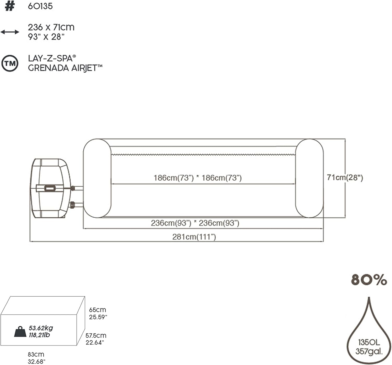 Bestway - LAY-Z-SPA Grenada - 236x71 cm - 6-8 personnes, Airjet